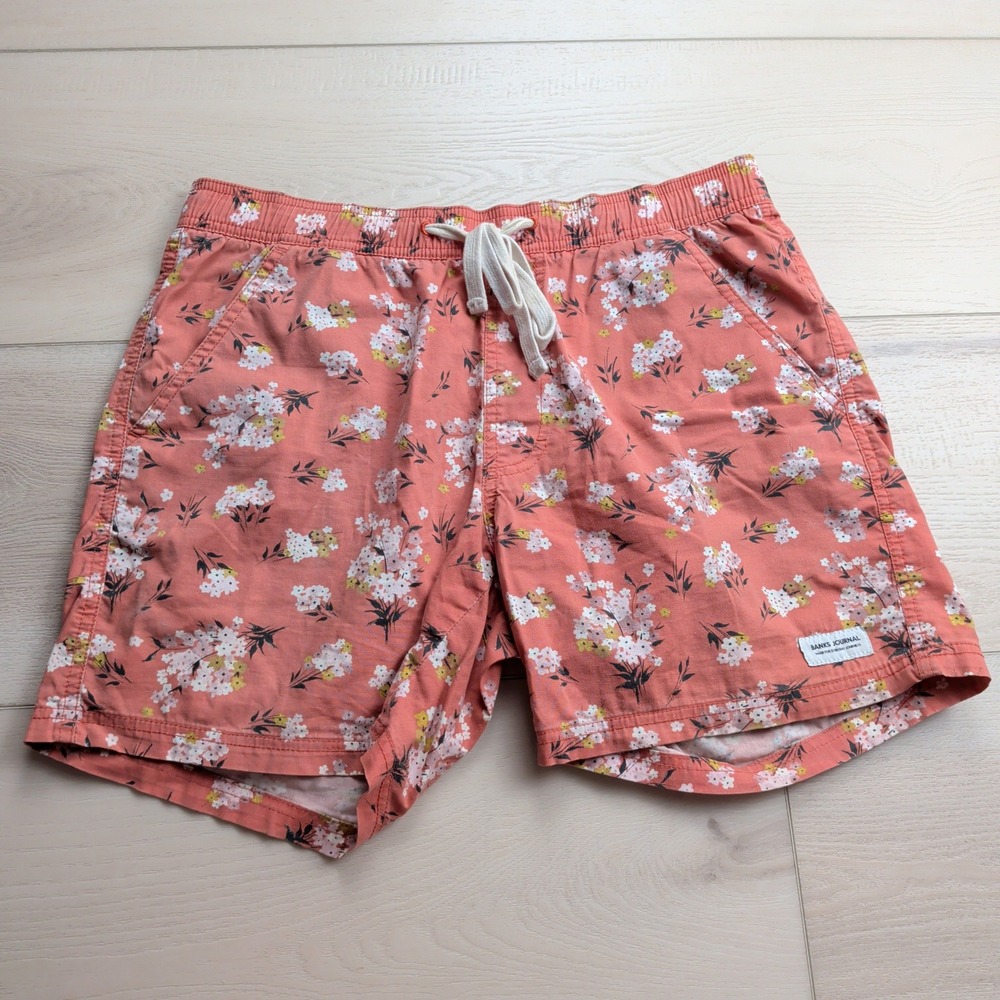 Banks Journal Floral Shorts Mens 30 Elastic Waist Coral Pink Drawstring